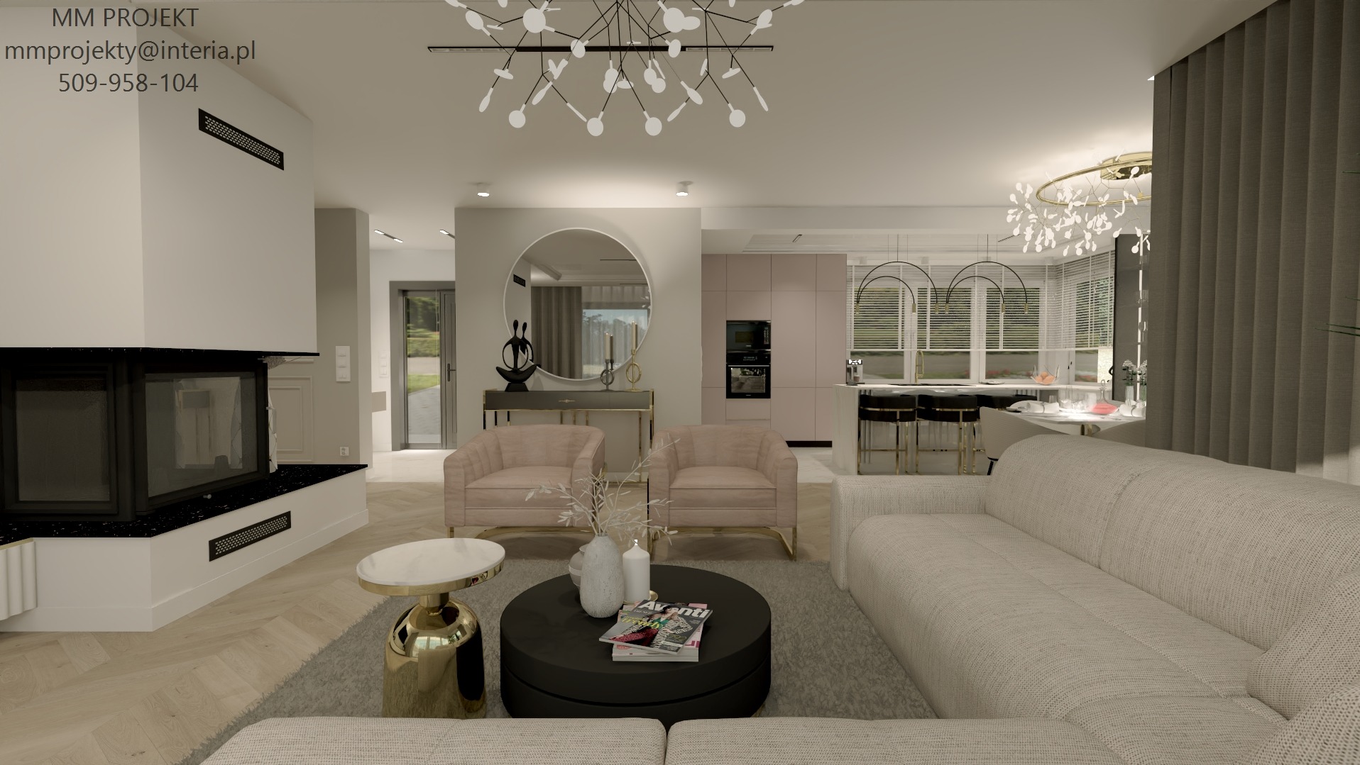 Wizualizacja przestronnego salonu z kominkiem i otwartą kuchnią w pastelowych kolorach, z dekoracyjnym oświetleniem i elementami złota.