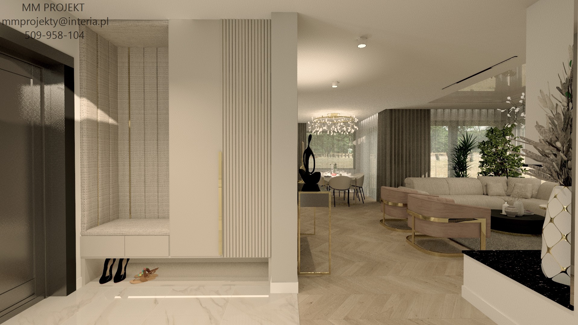 Wnętrze nowoczesnego mieszkania z widocznym przedpokojem z siedziskiem i szafką, dalej salon z sofą i jadalnia z okrągłym stołem pod kryształowym żyrandolem.