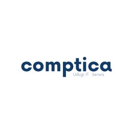 Comptica - Logo firmy Comptica w kolorze granatowym z dopiskiem 'Usługi IT · Serwis' na białym tle. Minimalistyczny design, nowoczesny font.