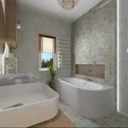 Wizualizacja nowoczesnej łazienki z wanną, umywalką nablatową, lustrem w owalnej ramie i oknem z widokiem na zieleń, wykończona płytkami w odcieniach szarości i beżu.