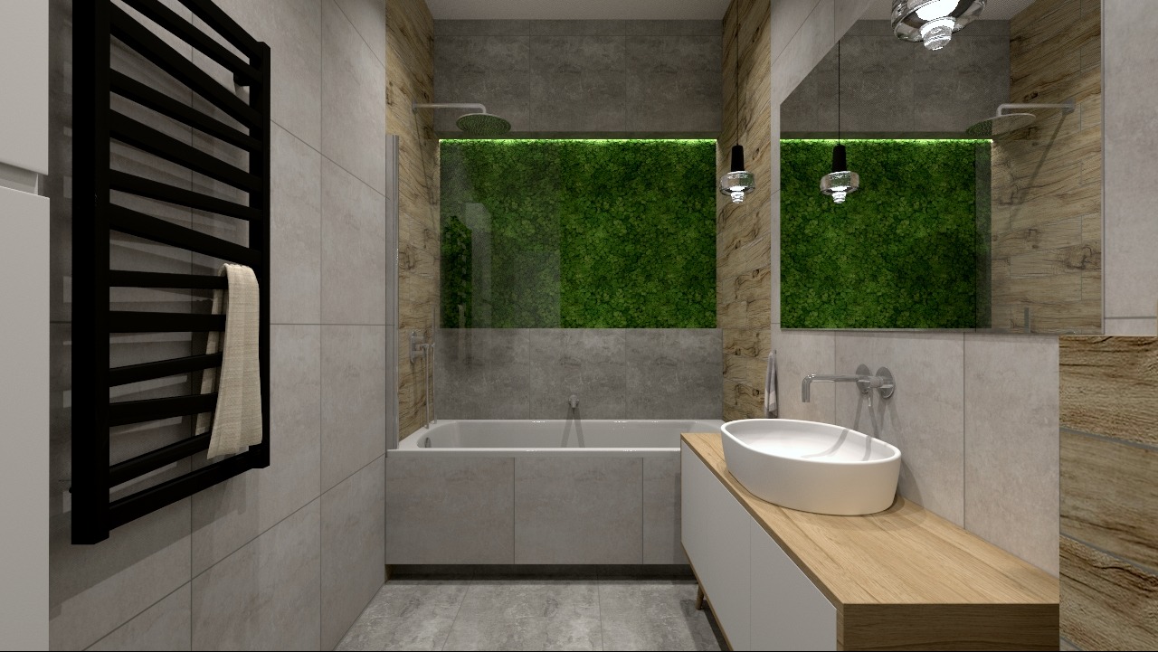 Nowoczesna łazienka z wanną, umywalką nablatową na drewnianym blacie i ścianą z mchu za wanną, oświetloną punktowo.