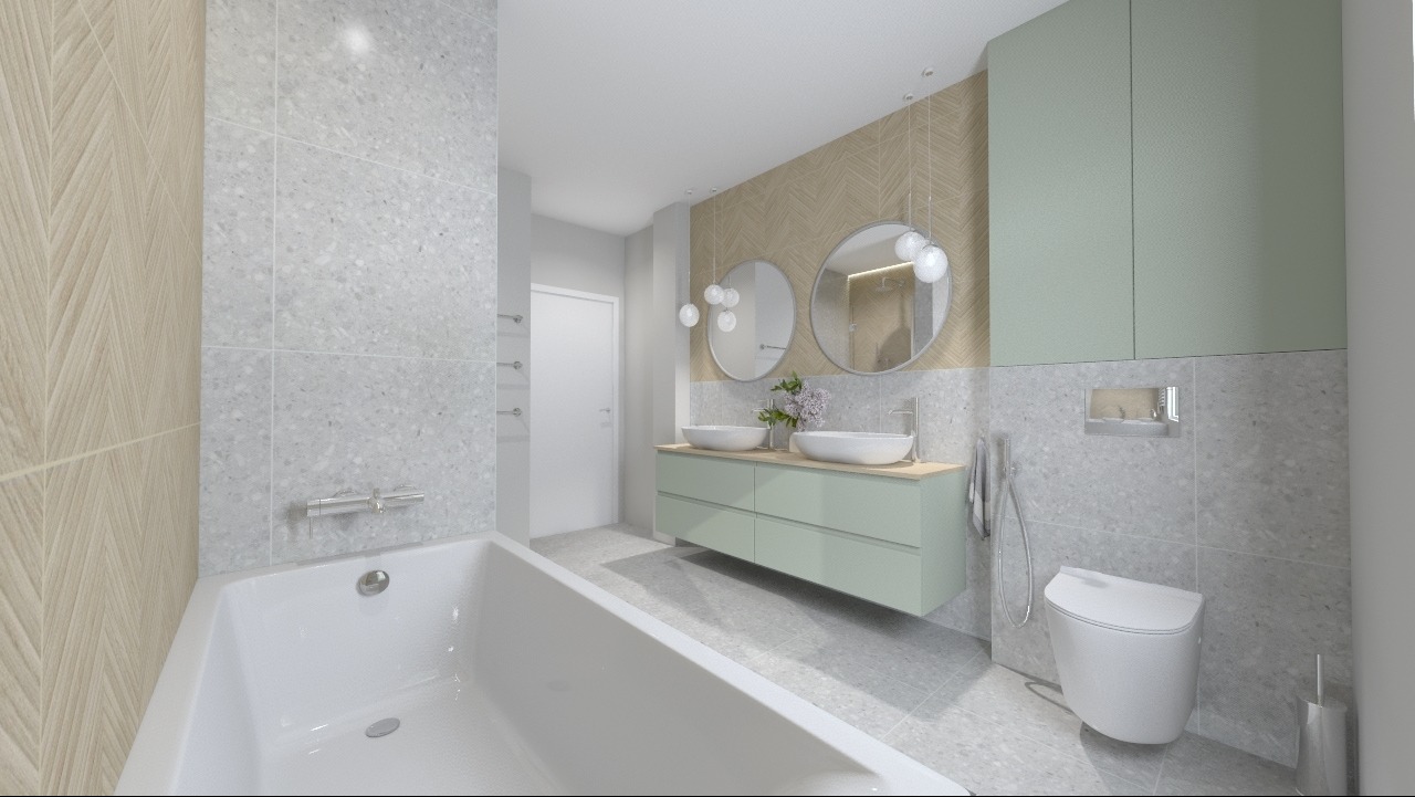 Wizualizacja łazienki z wanną, dwiema okrągłymi umywalkami nablatowymi, szafką w kolorze pastelowej zieleni, toaletą podwieszaną i szarą płytką imitującą lastryko na ścianach.