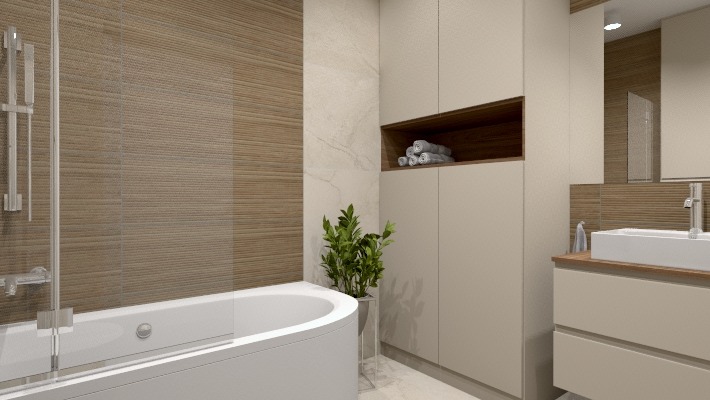 Nowoczesna łazienka z wanną z parawanem nawannowym, umywalką nablatową na drewnianym blacie, zabudową meblową w kolorze beżowym i brązowymi płytkami imitującymi drewno na ścianach.