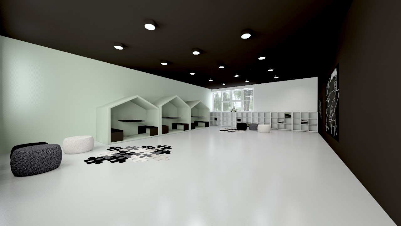 Wnętrze biura z jasną podłogą, ścianą w odcieniach zieleni i czarnym sufitem, wyposażone w trzy białe, domkokształtne kabiny z ciemnymi blatami, pufy oraz regały na książki w tle