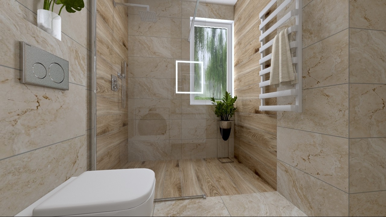 Nowoczesna łazienka z drewnopodobnymi płytkami, kabiną prysznicową typu walk-in, grzejnikiem drabinkowym i rośliną doniczkową przy oknie.