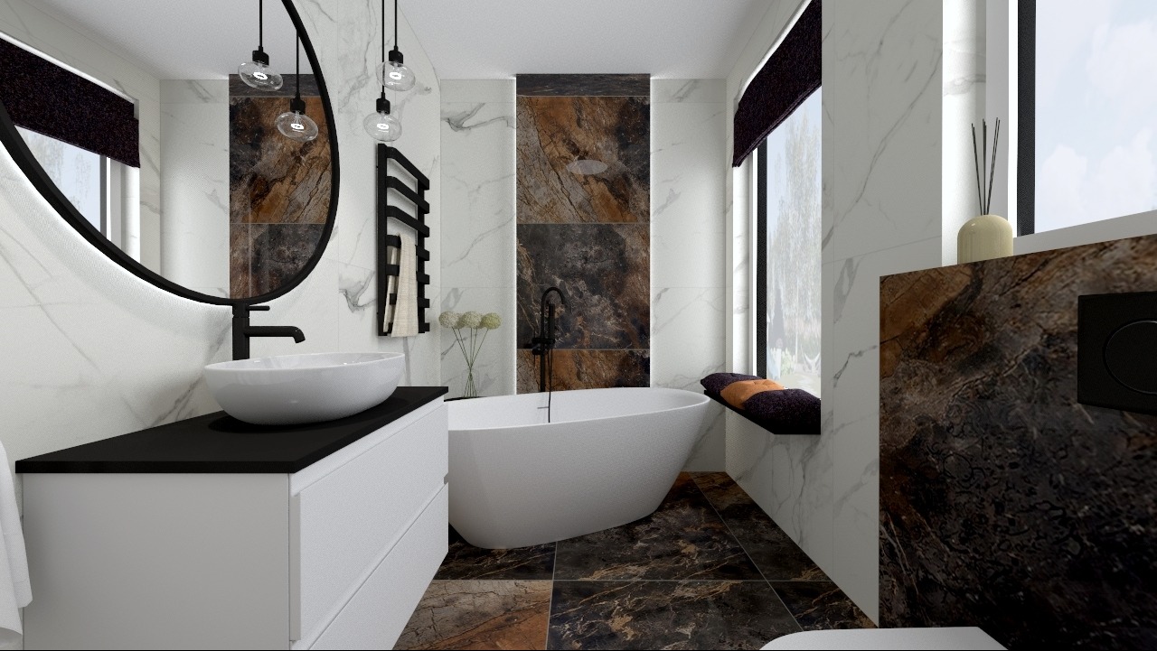 Wizualizacja nowoczesnej łazienki w Napachaniu z wolnostojącą wanną, umywalką nablatową i dużym okrągłym lustrem z podświetleniem LED, akcenty w kolorze brązu i czerni.