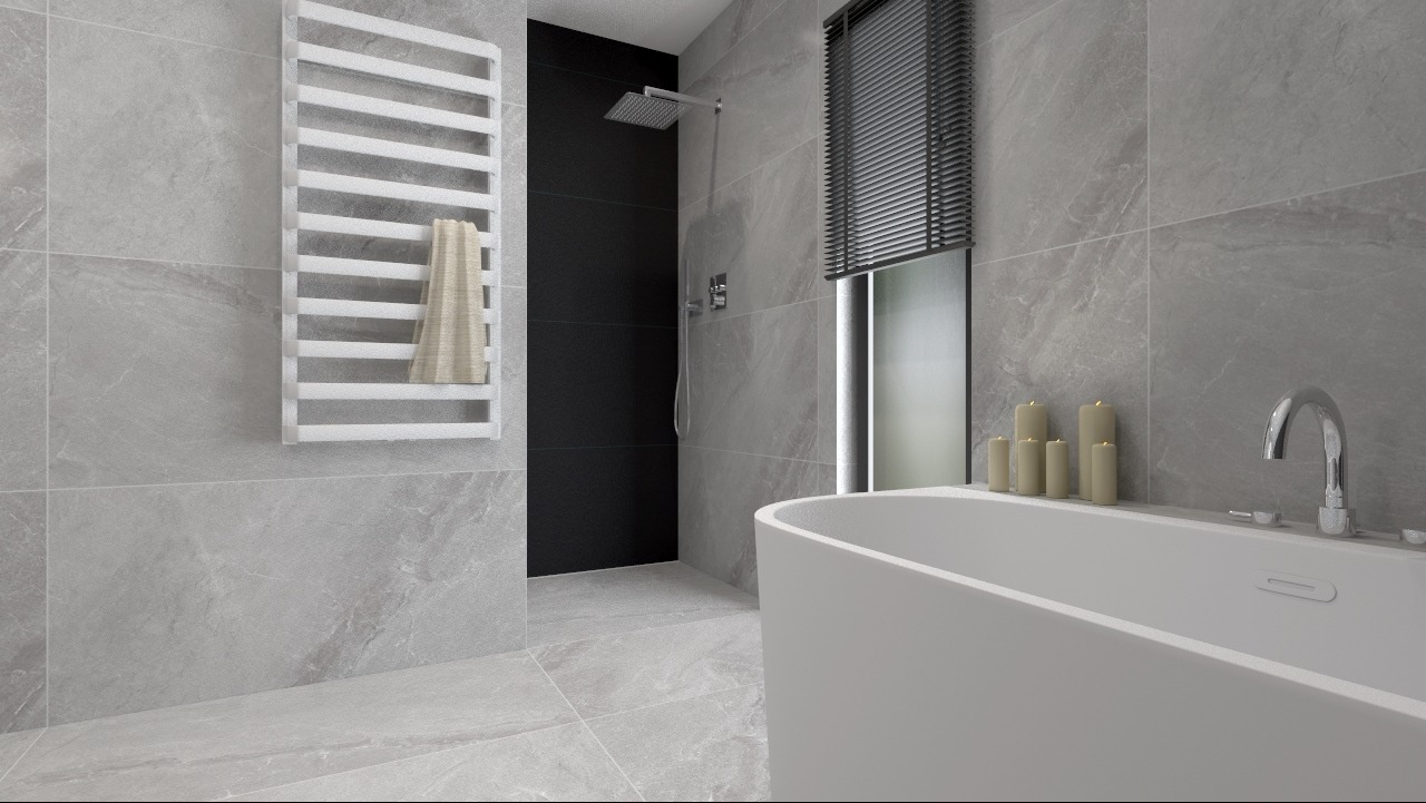 Minimalistyczna łazienka w odcieniach szarości z wanną wolnostojącą, grzejnikiem drabinkowym z ręcznikiem i czarną ścianą prysznicową.