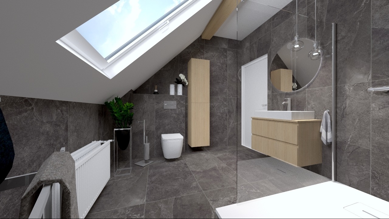 Nowoczesna łazienka na poddaszu z oknem dachowym, szarą marmurową okładziną ścian i podłogi, drewnianą szafką pod umywalką, okrągłym lustrem z wiszącymi lampami, toaletą i grzejnikiem drabinkowym.