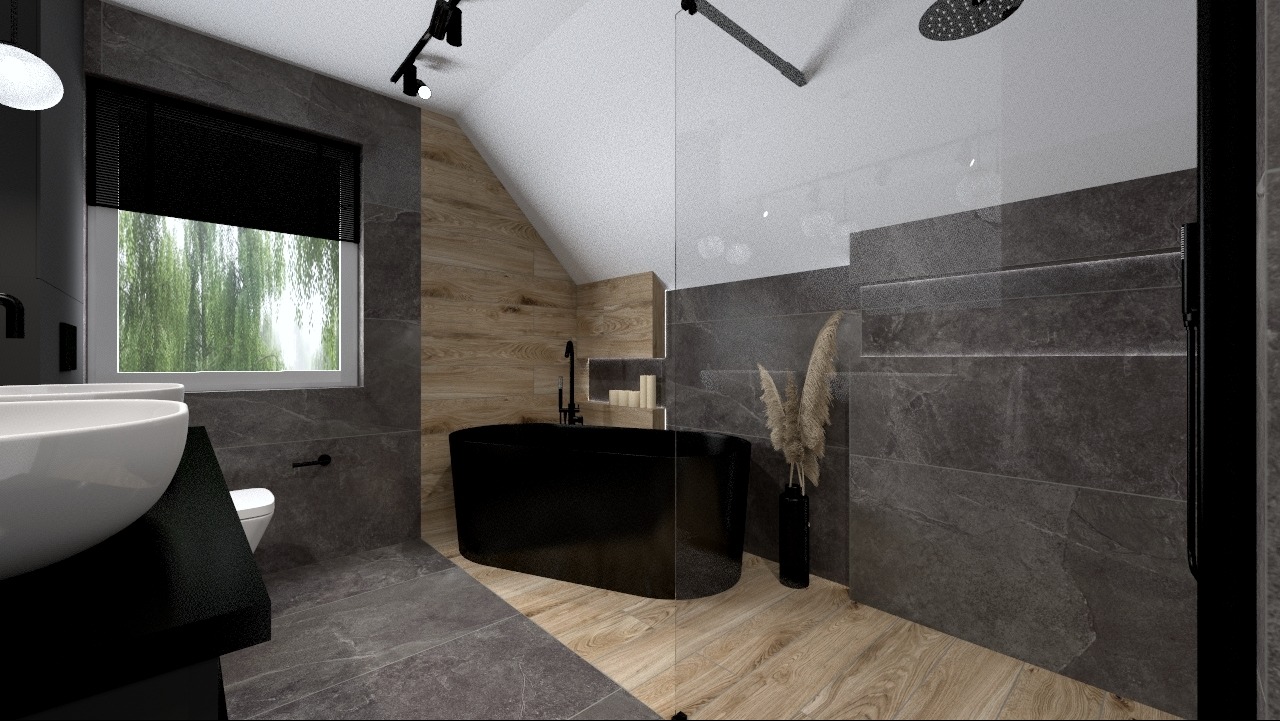 Nowoczesna łazienka na poddaszu z czarną wanną wolnostojącą, drewnianą okładziną ścienną i szarą płytką imitującą kamień, oświetlenie punktowe i umywalki nablatowe.