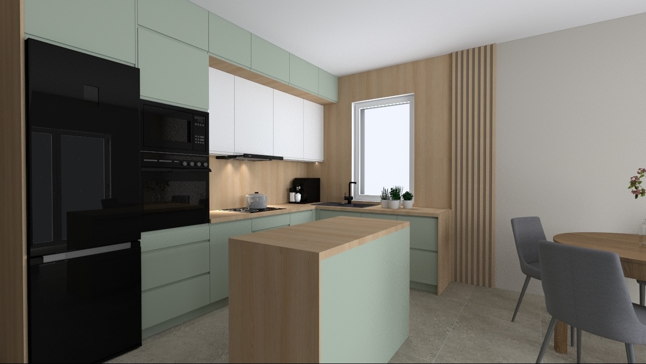 Wizualizacja nowoczesnej kuchni w pastelowych odcieniach zieleni z wyspą, czarnym sprzętem AGD i drewnianymi akcentami, uzupełniona o stół z krzesłami.