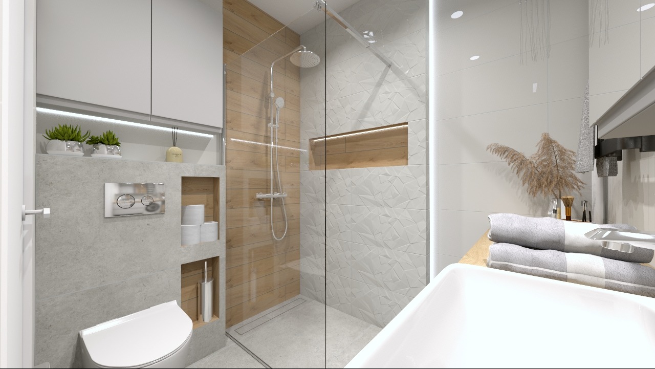 Nowoczesna łazienka z przeszklonym prysznicem typu walk-in, podwieszaną toaletą i umywalką, akcentami z drewna i minimalistycznym wystrojem.