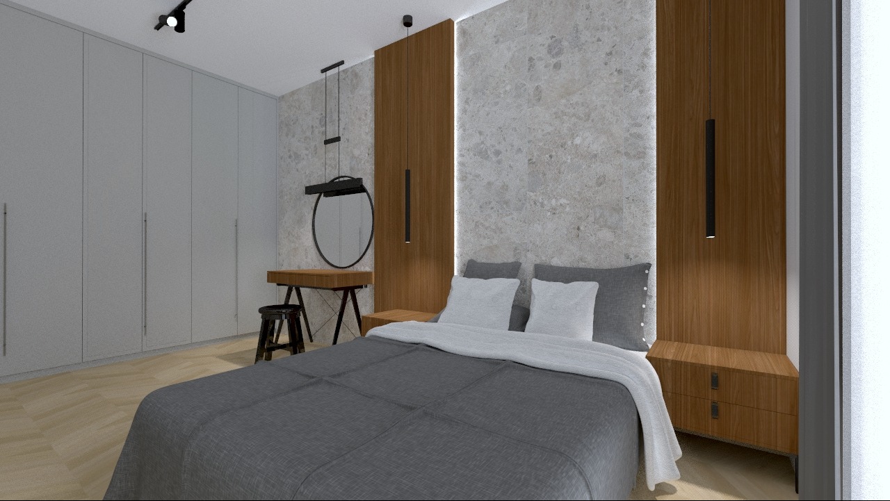 Nowoczesna sypialnia z szarymi tekstyliami, drewnianymi panelami ściennymi, toaletką z okrągłym lustrem i zabudowaną szafą w kolorze szarym.