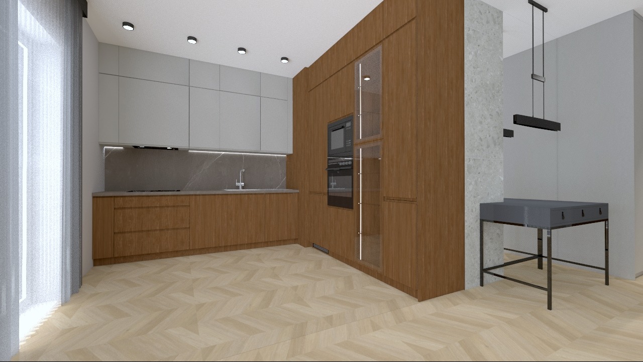 Wizualizacja nowoczesnej kuchni z drewnianymi szafkami, szarymi górnymi szafkami, parkietem w jodełkę i minimalistycznym oświetleniem wiszącym nad szarą konsolą.
