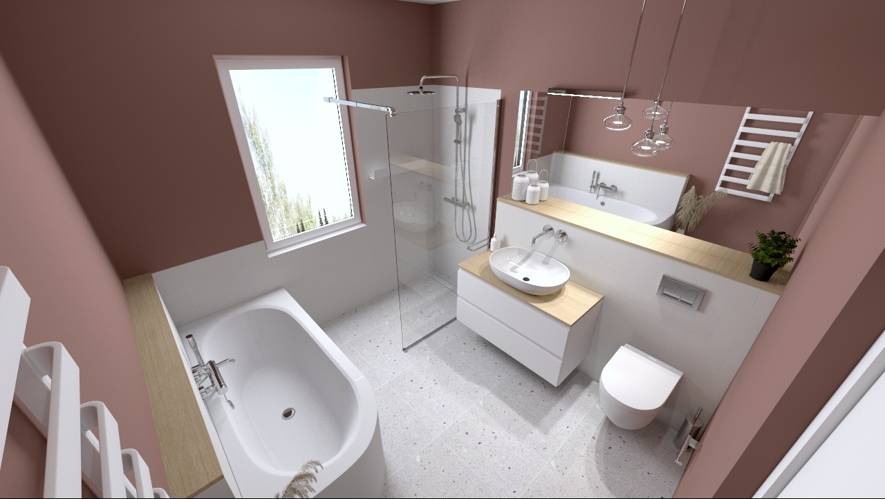 Wizualizacja nowoczesnej łazienki z wanną, kabiną prysznicową typu walk-in, umywalką nablatową na szafce z drewnianym blatem i wiszącą toaletą, utrzymana w tonacji bieli, drewna i pudrowego różu.