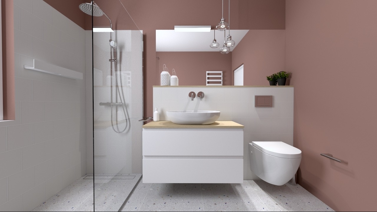 Nowoczesna łazienka w odcieniach różu i bieli, z kabiną prysznicową typu walk-in, umywalką nablatową na szafce z szufladami, wiszącą toaletą i dekoracyjnymi lampami wiszącymi.