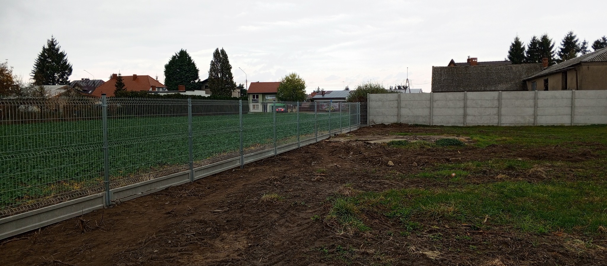 Nowo postawione ogrodzenie panelowe z podmurówką betonową, oddzielające trawnik od świeżo przekopanej ziemi, w tle domy i drzewa pod pochmurnym niebem.