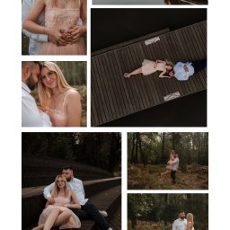 Bartosz Kwiatkowski - Kolaż zdjęć narzeczeńskich: para w lesie, na pomoście nad jeziorem i na drewnianych schodach.