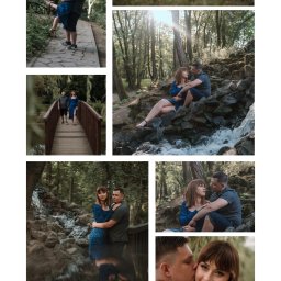 Bartosz Kwiatkowski - Kolaż zdjęć pary w lesie: on podnosi ją na ścieżce, leżą razem na trawie, siedzą na skałach przy wodospadzie, spacerują po drewnianym moście, obejmują się przy wodzie z odbiciem, on całuje ją...