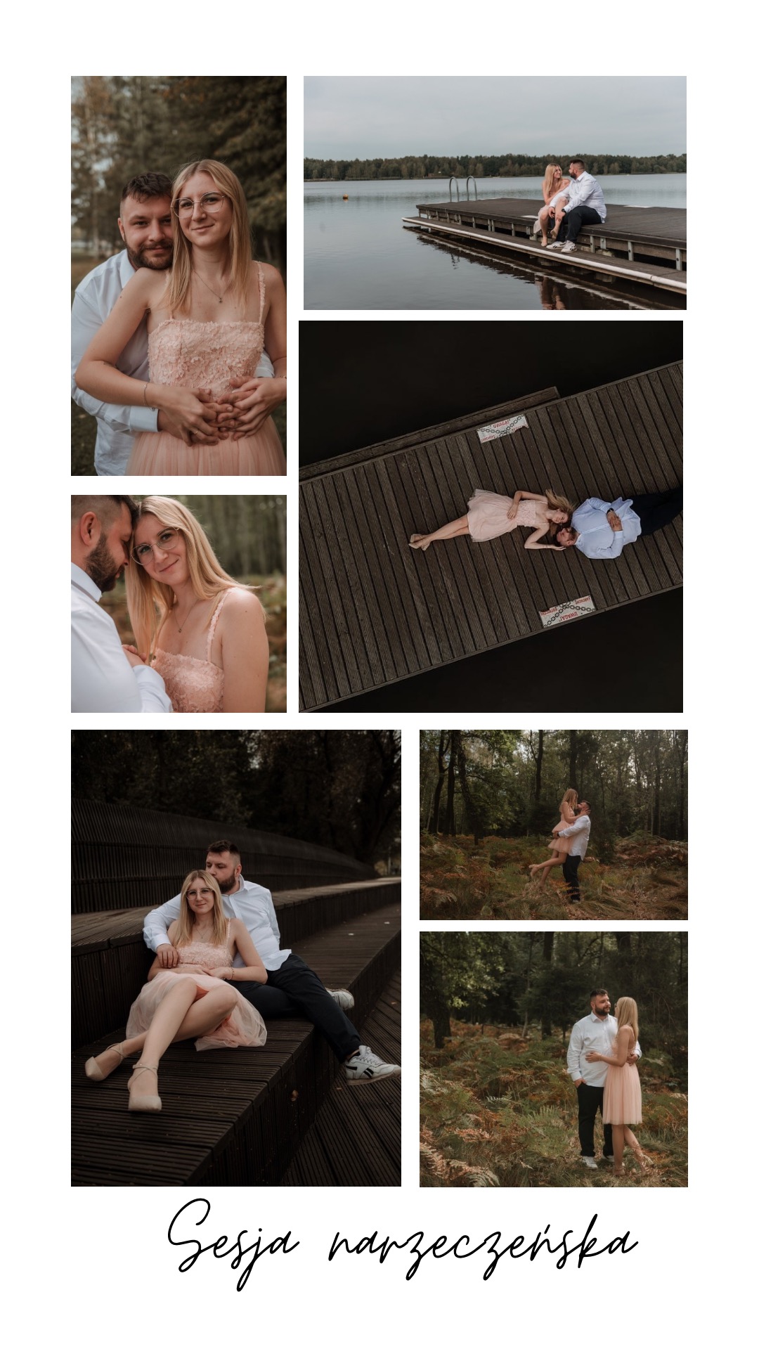 Kolaż zdjęć narzeczeńskich: para w lesie, na pomoście nad jeziorem i na drewnianych schodach.