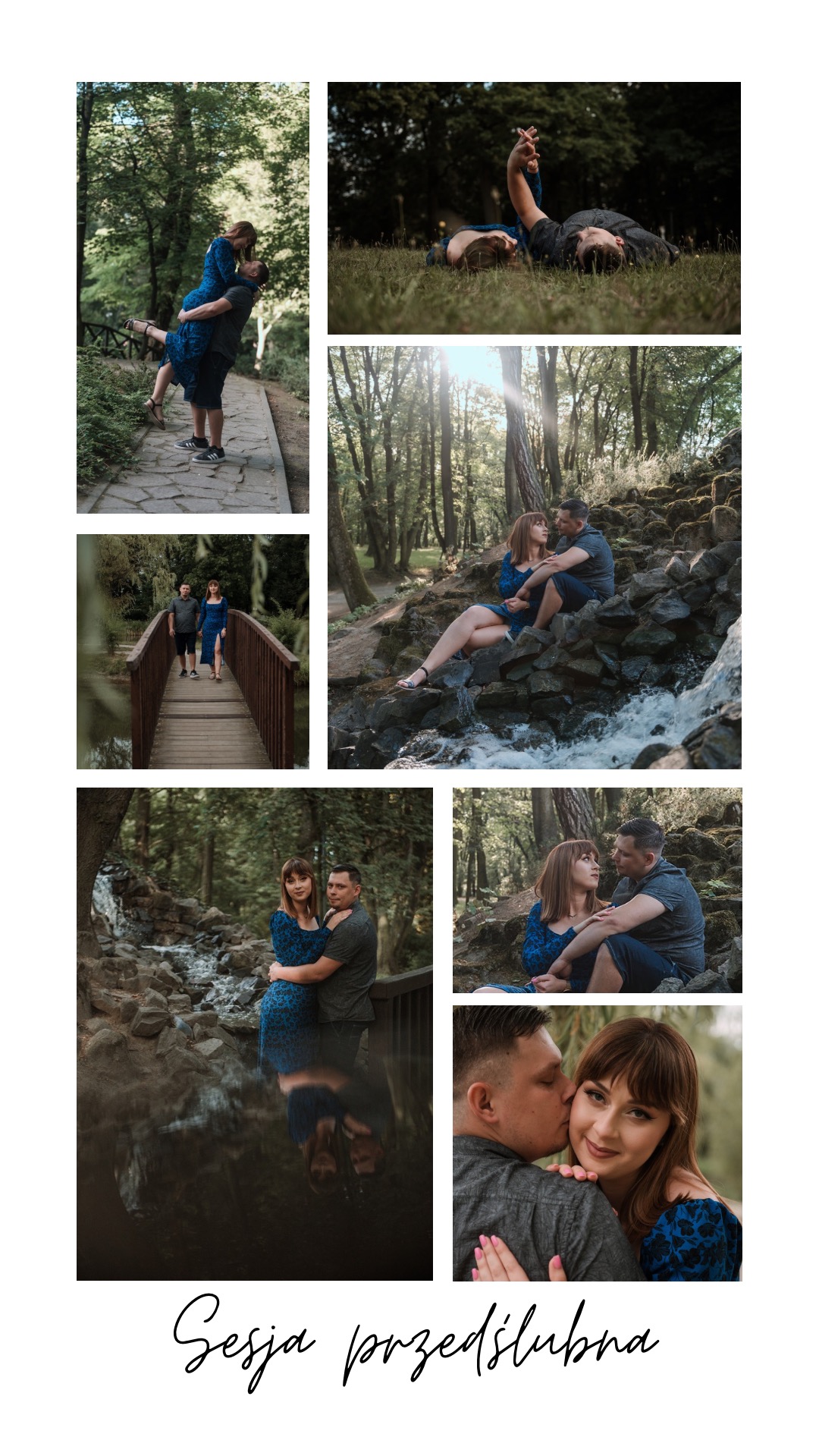 Kolaż zdjęć pary w lesie: on podnosi ją na ścieżce, leżą razem na trawie, siedzą na skałach przy wodospadzie, spacerują po drewnianym moście, obejmują się przy wodzie z odbiciem, on całuje ją...