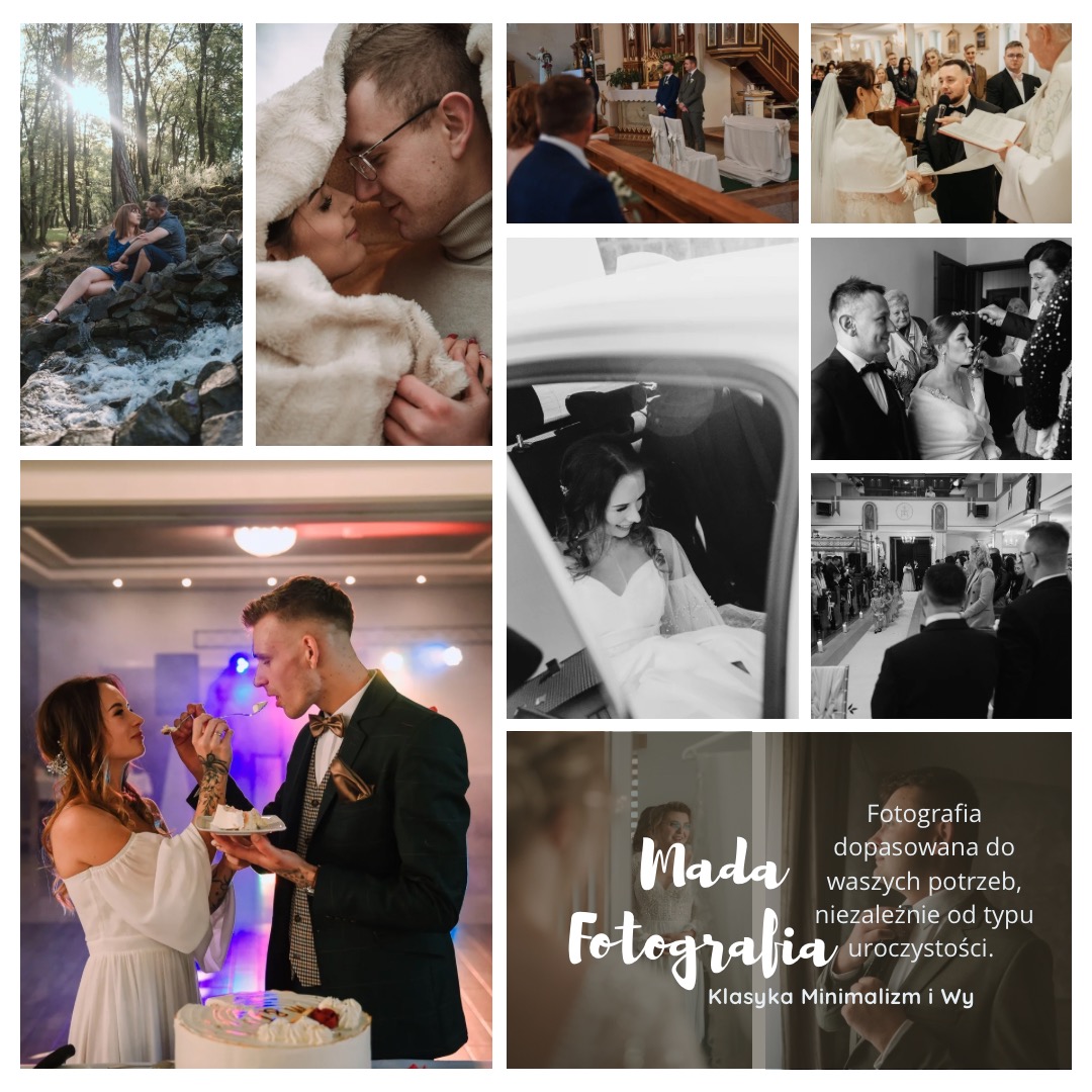 Mozaika zdjęć ślubnych: para w lesie nad strumieniem, zbliżenie pary pod kocem, ceremonia w kościele, panna młoda w samochodzie, para krojąca tort, logo fotografa.