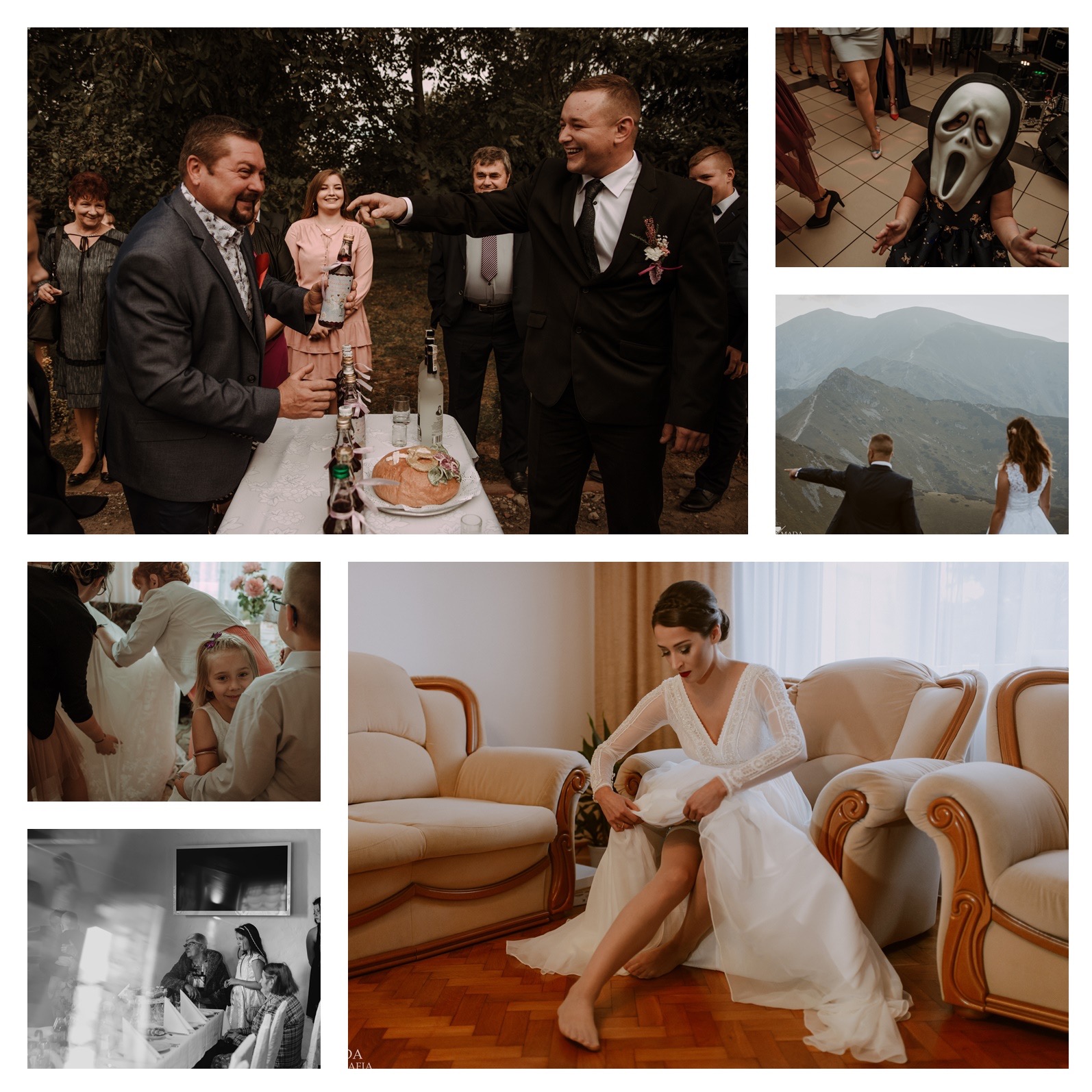 Kolaż zdjęć z przygotowań i uroczystości ślubnej: powitanie chlebem i solą, dziewczynka w masce, para młoda w górach, poprawianie sukni ślubnej przez pannę młodą siedzącą na fotelu.