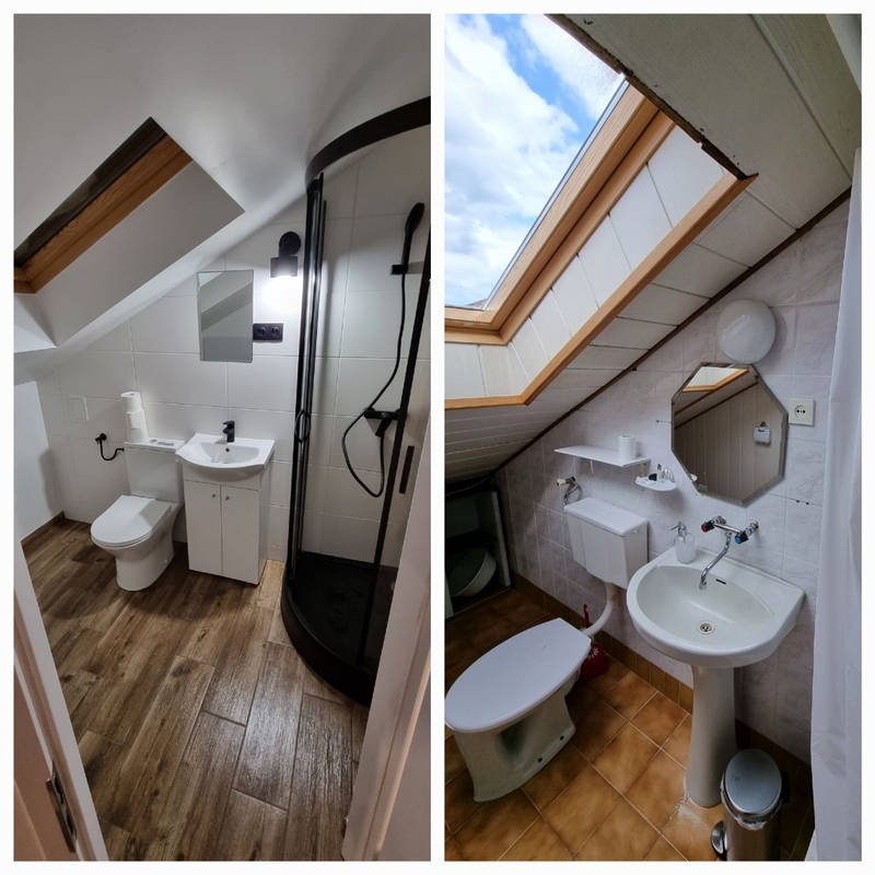 Dwa ujęcia łazienki na poddaszu: po lewej kabina prysznicowa z czarnymi elementami i umywalka z szafką, po prawej umywalka na postumencie, toaleta i okno dachowe z widokiem na niebo.