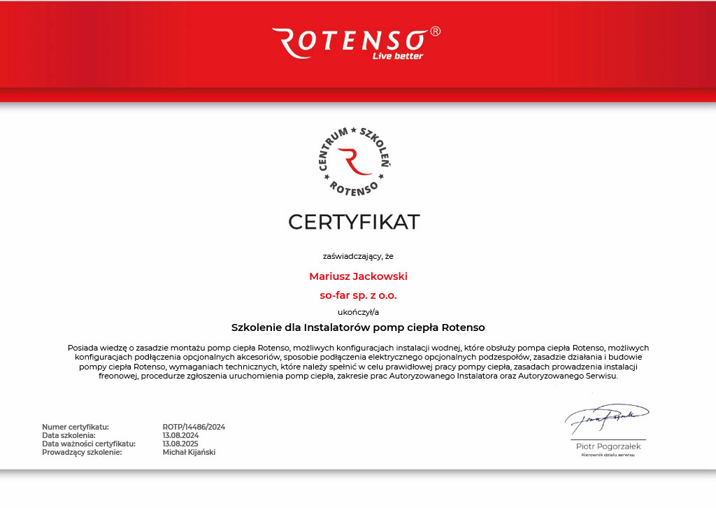 Certyfikat ukończenia szkolenia dla instalatorów pomp ciepła Rotenso, z nazwiskiem Mariusza Jackowskiego, datą wydania 13.08.2024 i podpisem Piotra Pogorzałka.