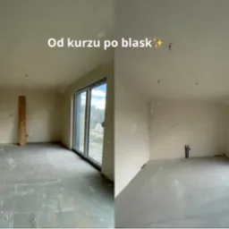 Zdjęcie 'przed i po' sprzątania pokoju po remoncie. Po lewej pok&oacute;j z surowym betonem, po prawej wysprzątany pok&oacute;j z gładką podłogą. Widoczne okno balkonowe.