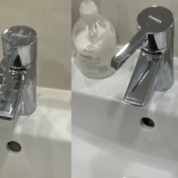 Bateria umywalkowa Hansa: po lewej zabrudzona, po prawej lśniąca po czyszczeniu. Widoczna butelka mydła w tle. Efekt 'przed i po' sprzątania.