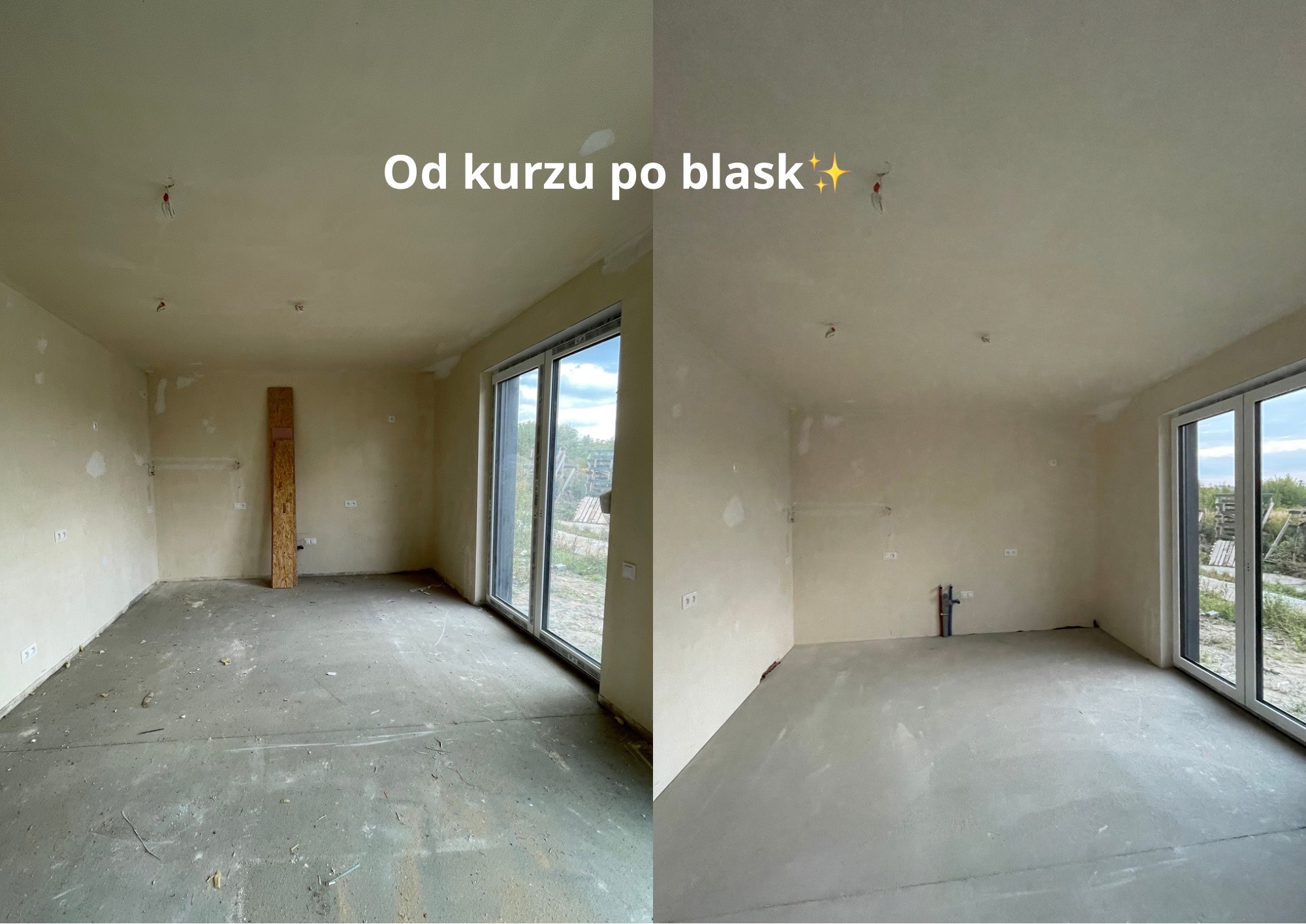 Zdjęcie 'przed i po' sprzątania pokoju po remoncie. Po lewej pokój z surowym betonem, po prawej wysprzątany pokój z gładką podłogą. Widoczne okno balkonowe.