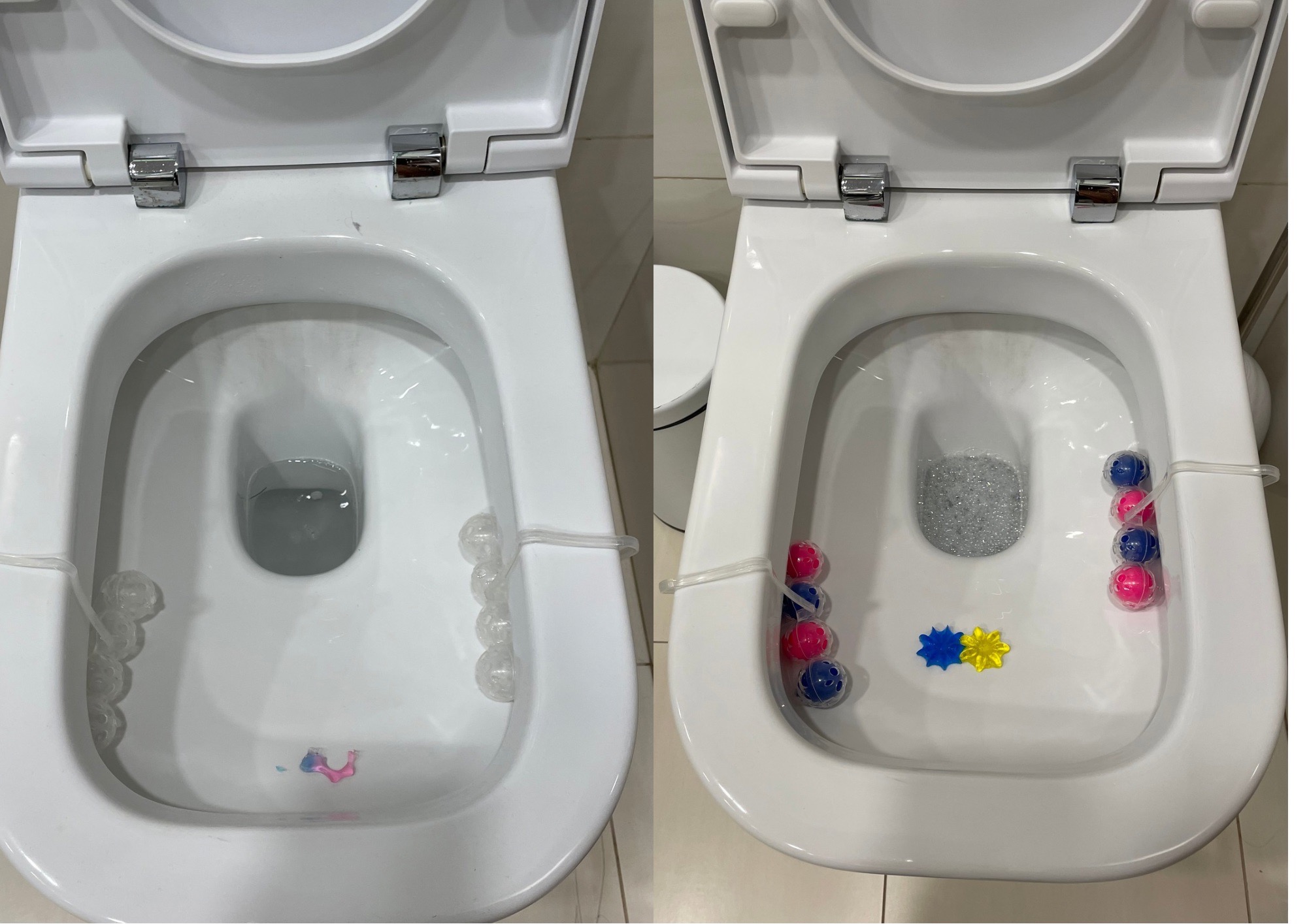 Porównanie czystości toalety przed i po użyciu odświeżacza w formie kolorowych kulek i gwiazdek, zamontowanych na krawędzi muszli klozetowej.