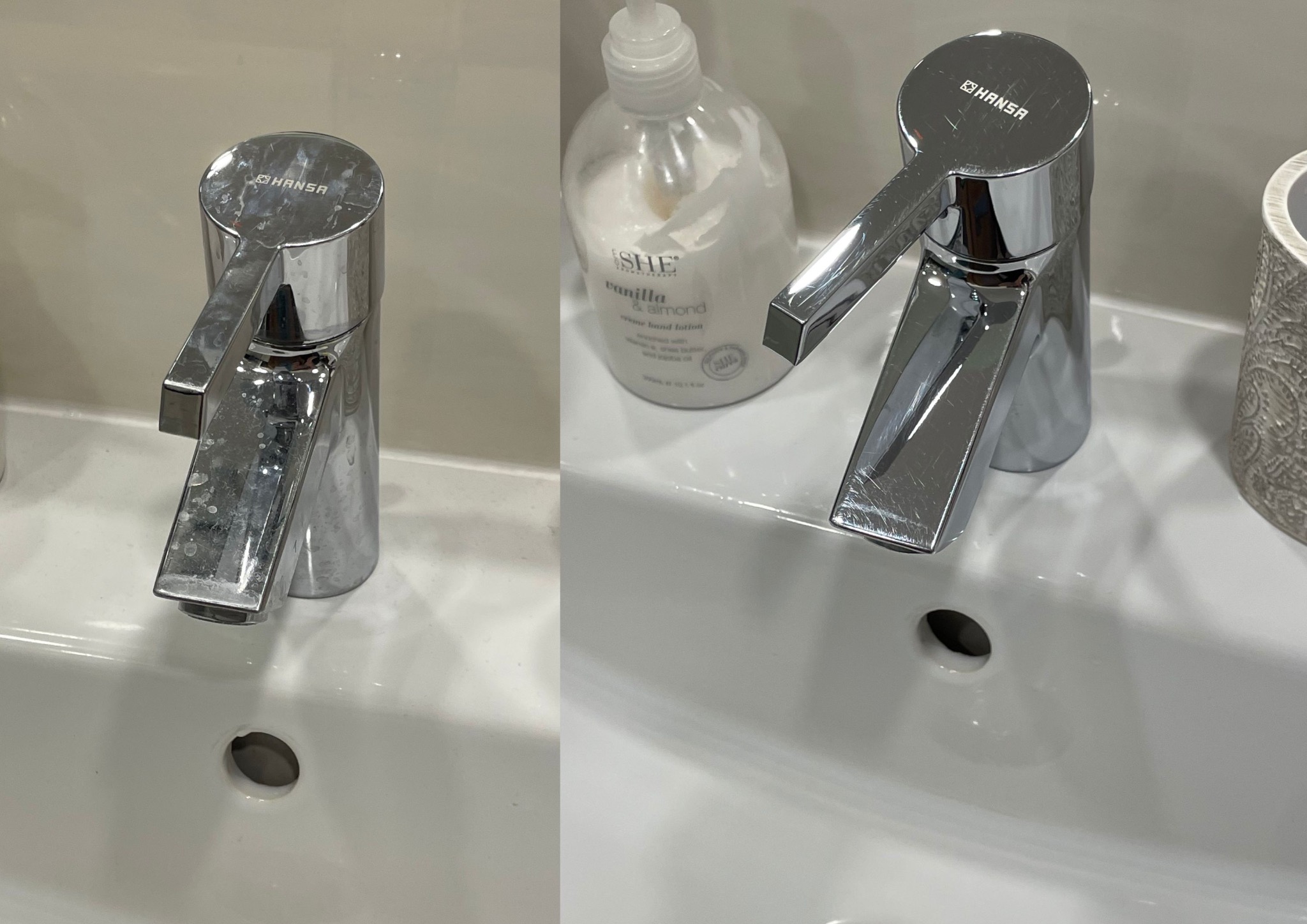 Bateria umywalkowa Hansa: po lewej zabrudzona, po prawej lśniąca po czyszczeniu. Widoczna butelka mydła w tle. Efekt 'przed i po' sprzątania.