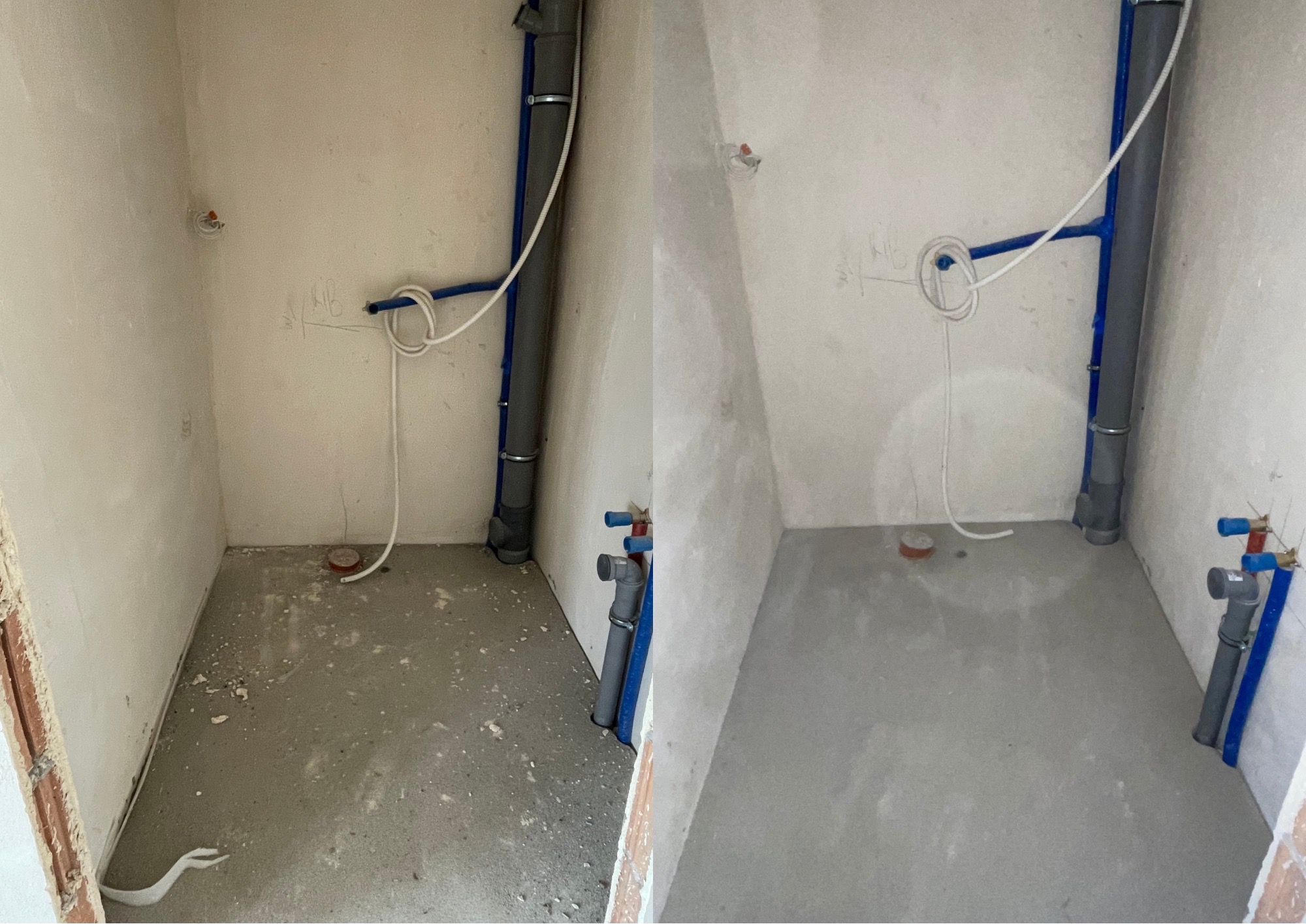 Porównanie stanu łazienki przed i po wylewce: surowy beton vs. gładka powierzchnia. Widoczne rury i instalacje w ścianach. Kontrast tekstur i kolorów.