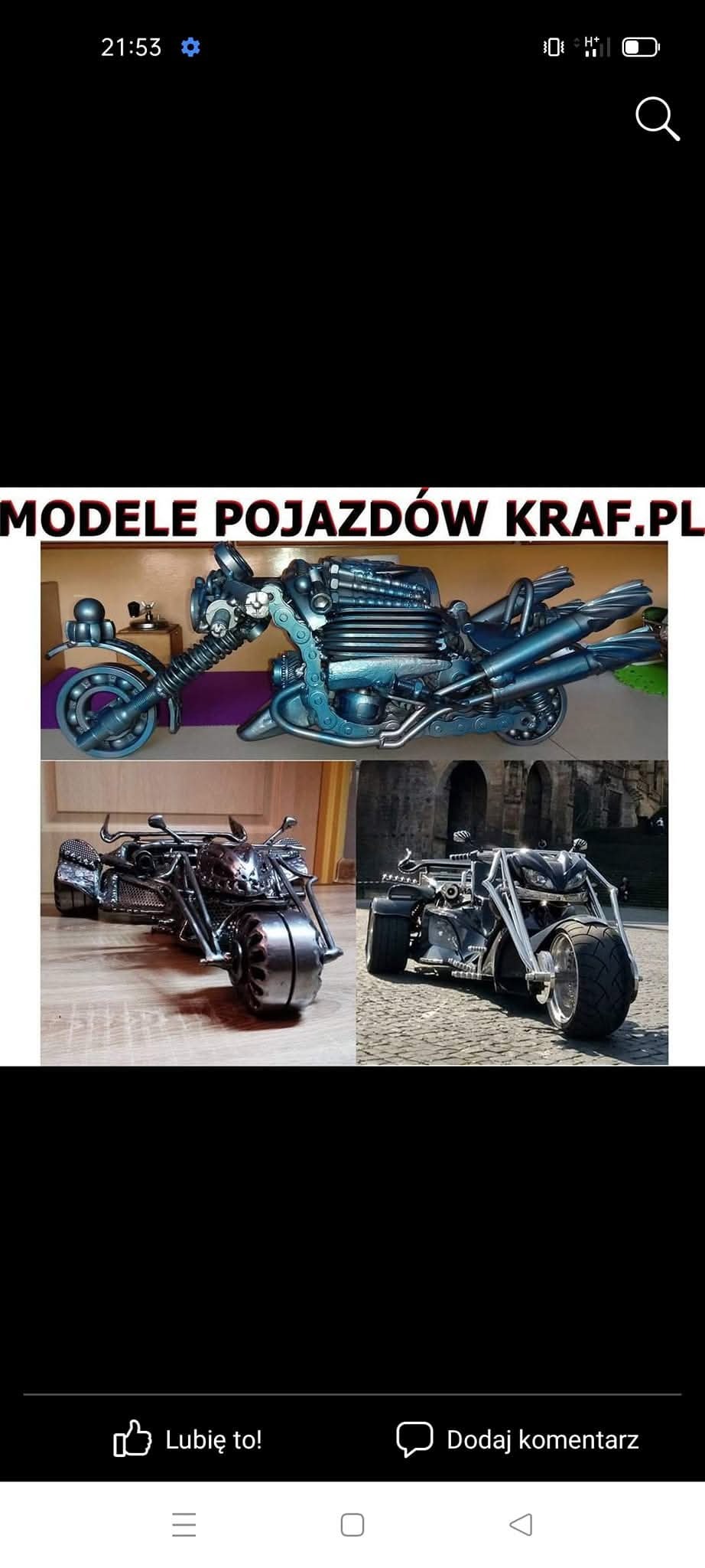 Kreatywne modele pojazdów z metalu: motocykl z łańcucha i śrub, trójkołowiec z metalowej siatki i pojazd z odsłoniętą konstrukcją. Unikalne rękodzieło.