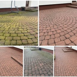 Michał Walczak M&W - Porównanie stanu kostki brukowej przed i po czyszczeniu; widoczne zielone zabrudzenia (mech, glony) na kostce przed czyszczeniem oraz czerwona, czysta kostka po czyszczeniu; ujęcie z bliska...