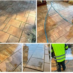 Michał Walczak M&W - Mozaika zdjęć przedstawia etapy czyszczenia kostki brukowej: fragment przed czyszczeniem z widocznymi chwastami, mokra kostka po czyszczeniu, zbliżenie na czyszczoną powierzchnię i pracownik...