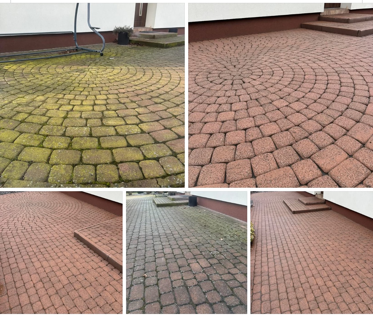 Porównanie stanu kostki brukowej przed i po czyszczeniu; widoczne zielone zabrudzenia (mech, glony) na kostce przed czyszczeniem oraz czerwona, czysta kostka po czyszczeniu; ujęcie z bliska...