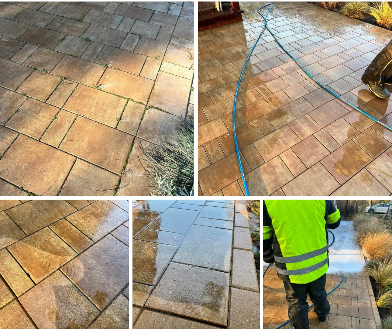 Mozaika zdjęć przedstawia etapy czyszczenia kostki brukowej: fragment przed czyszczeniem z widocznymi chwastami, mokra kostka po czyszczeniu, zbliżenie na czyszczoną powierzchnię i pracownik...