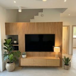 REMLUX Krzysztof Kozłowski - Nowoczesna aranżacja salonu w Przegini Duchownej: ściana z drewnianych lameli, telewizor, szafka RTV, rośliny doniczkowe i minimalistyczne oświetlenie.