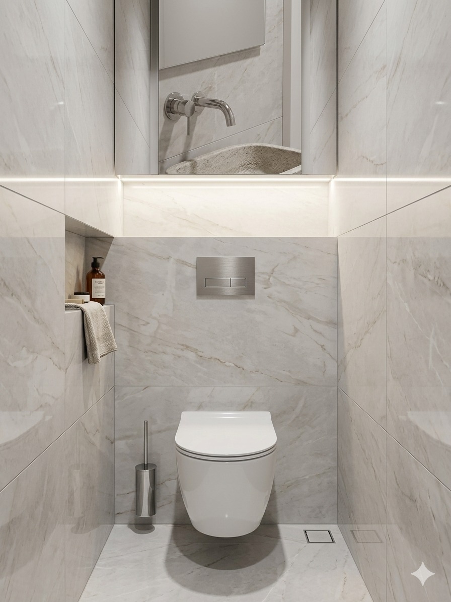 Elegancka, wykończona łazienka z marmurowymi płytkami, podświetlanym lustrem i wiszącą toaletą. Minimalistyczny design z akcentami w kolorze srebra.