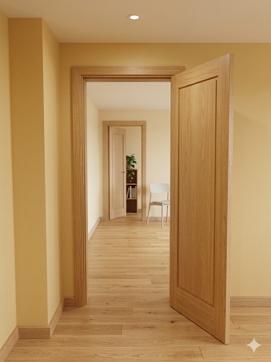 Jasne wnętrze z drewnianą podłogą i otwartymi drzwiami, przez które widać dalszą część mieszkania z regałem i krzesłem. Ciepła kolorystyka ścian i naturalne światło.