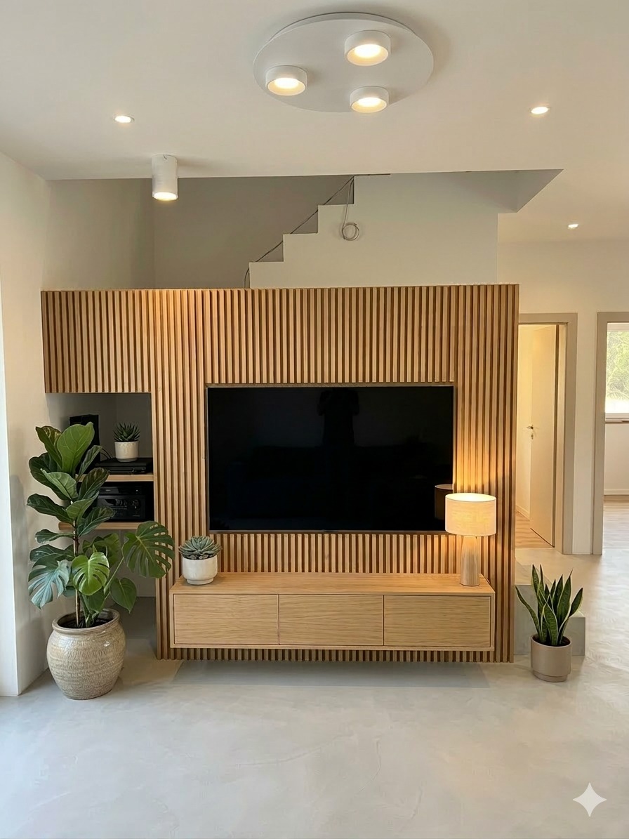 Nowoczesna aranżacja salonu w Przegini Duchownej: ściana z drewnianych lameli, telewizor, szafka RTV, rośliny doniczkowe i minimalistyczne oświetlenie.