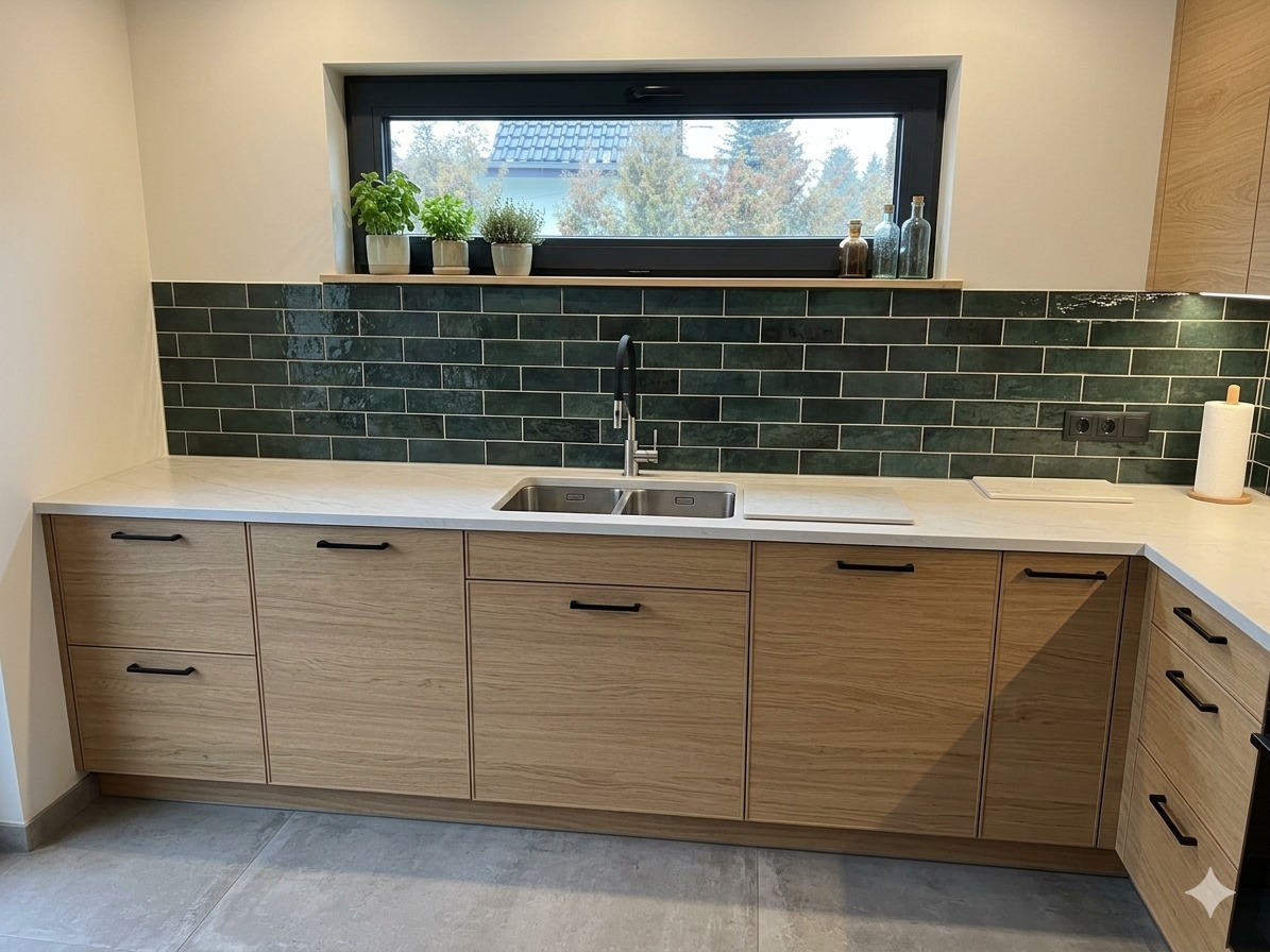 Nowoczesna kuchnia z drewnianymi szafkami, białym blatem i zielonymi płytkami na ścianie. Nad blatem okno z widokiem na zewnątrz. Minimalistyczny design.