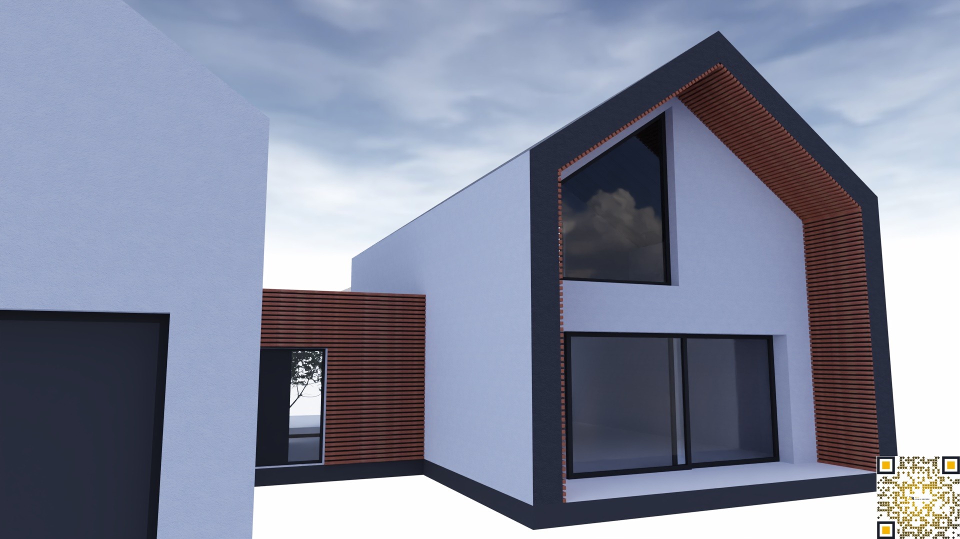 Wizualizacja 3D nowoczesnego domu jednorodzinnego z płaskim dachem i dużymi przeszkleniami, wykończonego drewnianą okładziną elewacyjną i szarą stolarką okienną na tle pochmurnego nieba.