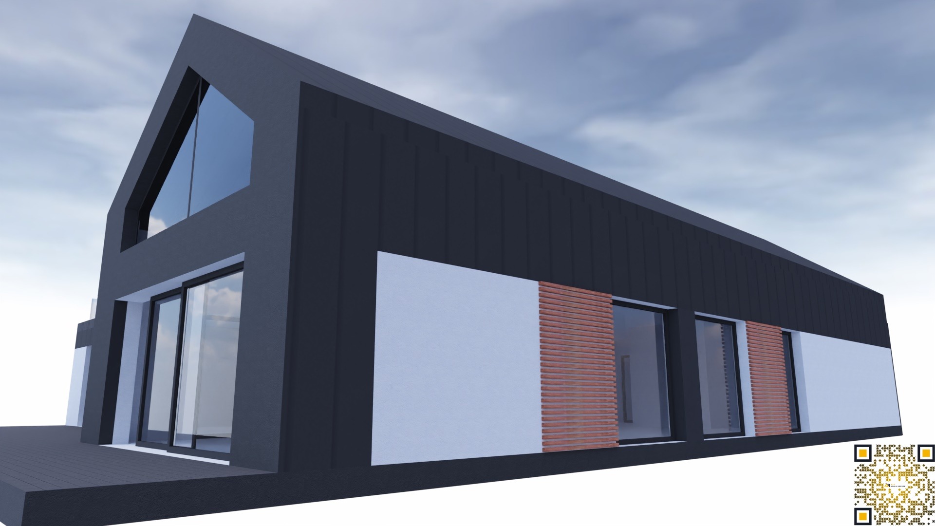 Wizualizacja nowoczesnego domu jednorodzinnego z ciemną elewacją, dużymi przeszkleniami i elementami dekoracyjnymi z cegły klinkierowej, ukazana z perspektywy niskiego kąta.