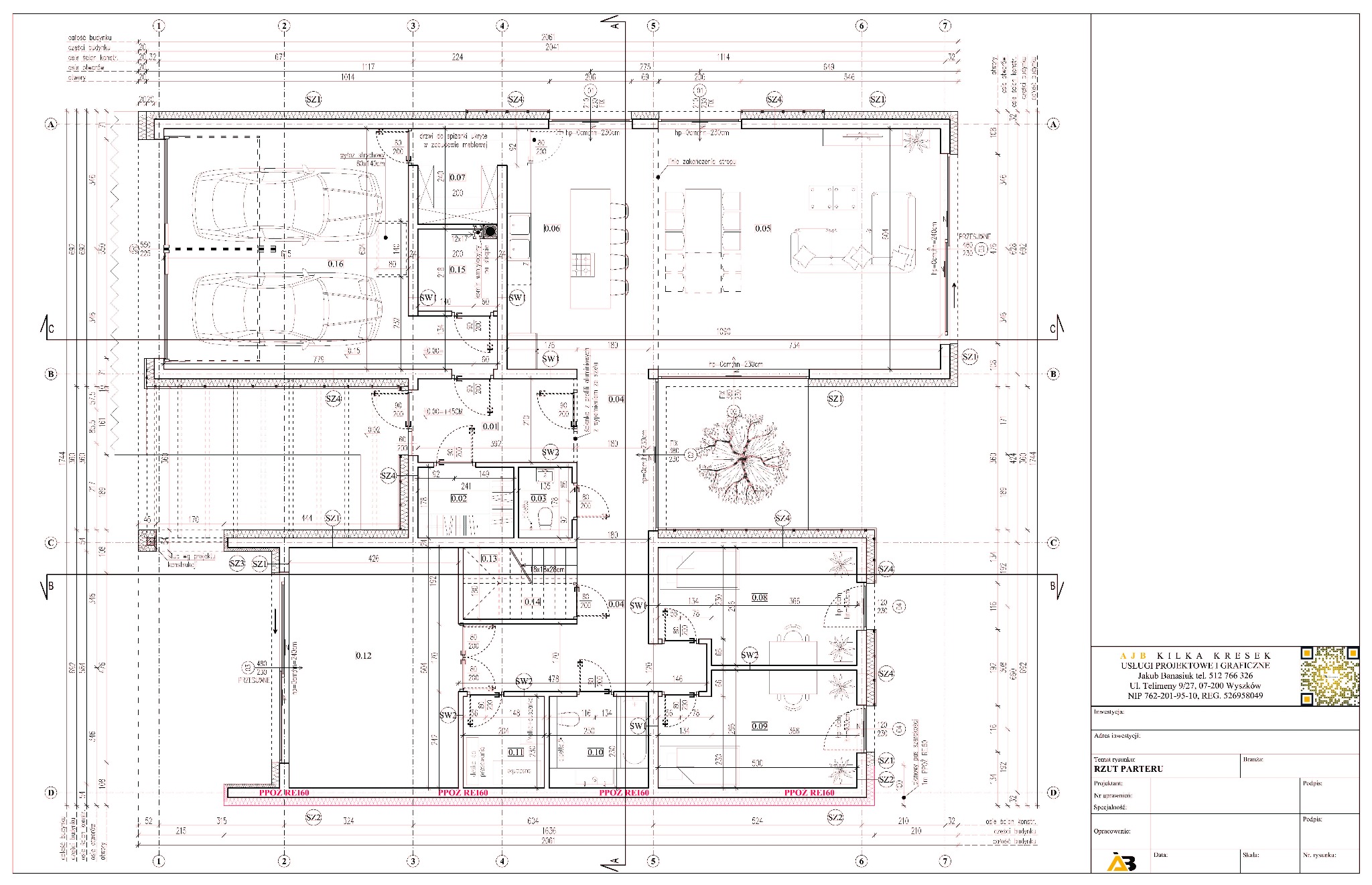 Rzut parteru domu jednorodzinnego z zaznaczonymi wymiarami, powierzchniami pomieszczeń i rozmieszczeniem mebli, wykonany w formie technicznego rysunku architektonicznego.