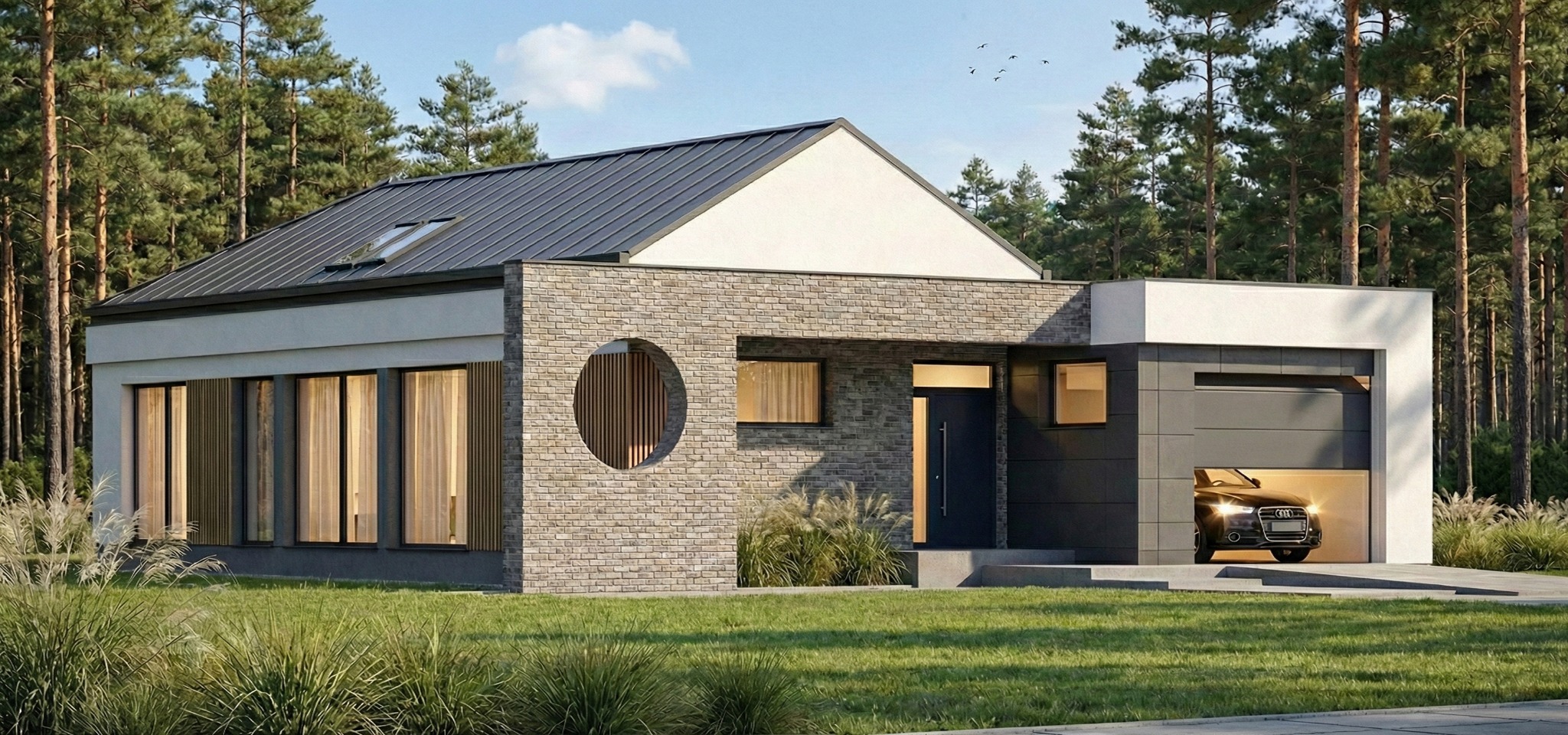 Projekt nowoczesnego domu jednorodzinnego z garażem, wykończonego cegłą i panelami, z okrągłym oknem i metalowym dachem na tle lasu.