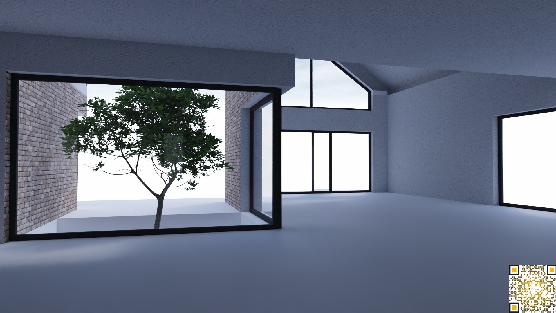 Wnętrze nowoczesnego domu z dużymi oknami, przez które widać drzewo. Ściana z cegły i minimalistyczny design. Widoczne okno dachowe i kod QR w rogu.