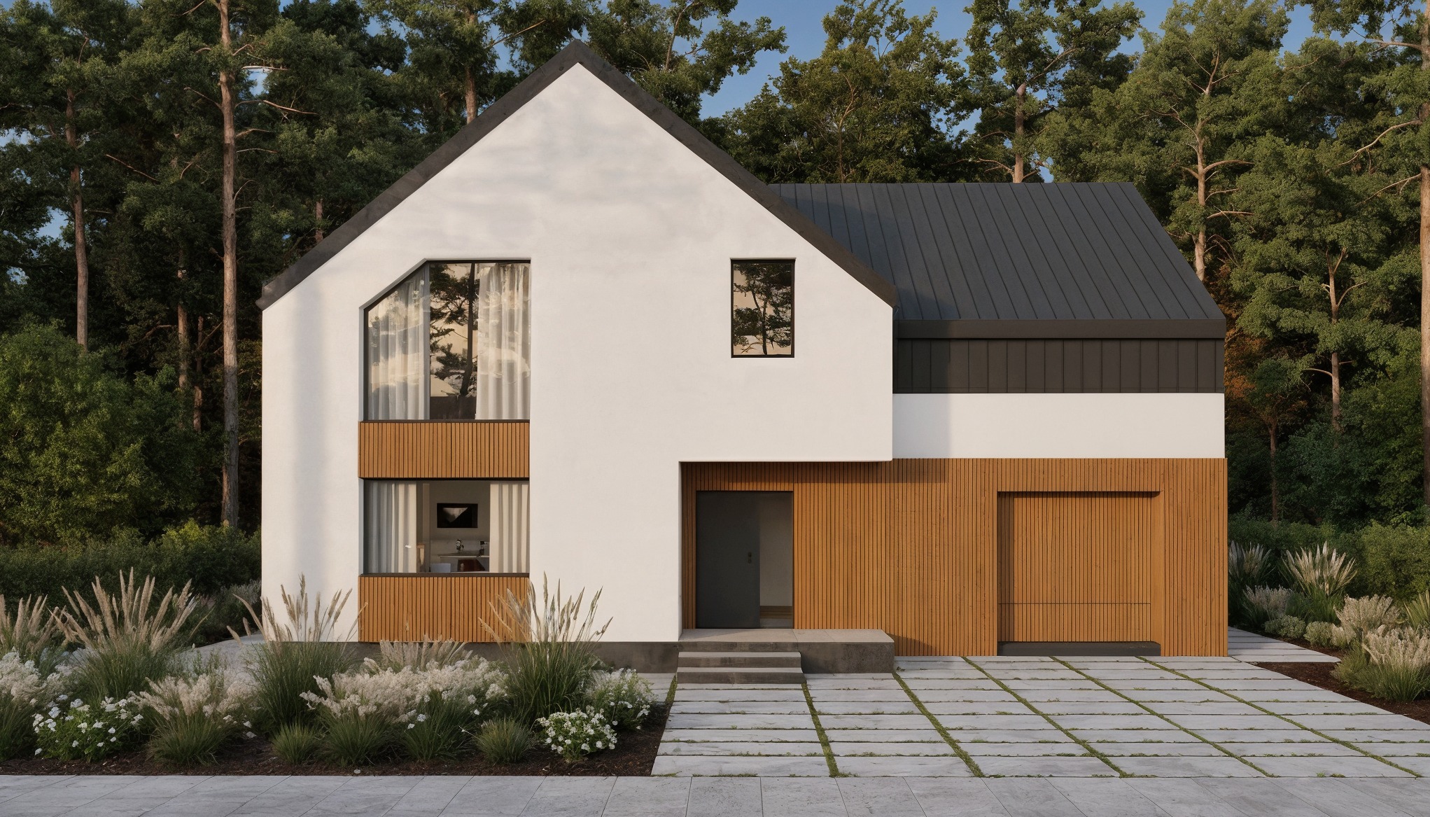 Nowoczesny dom jednorodzinny z białymi ścianami, drewnianą elewacją i ciemnym dachem na tle zielonego lasu. Minimalistyczny design, duże okna, zadbany ogród.